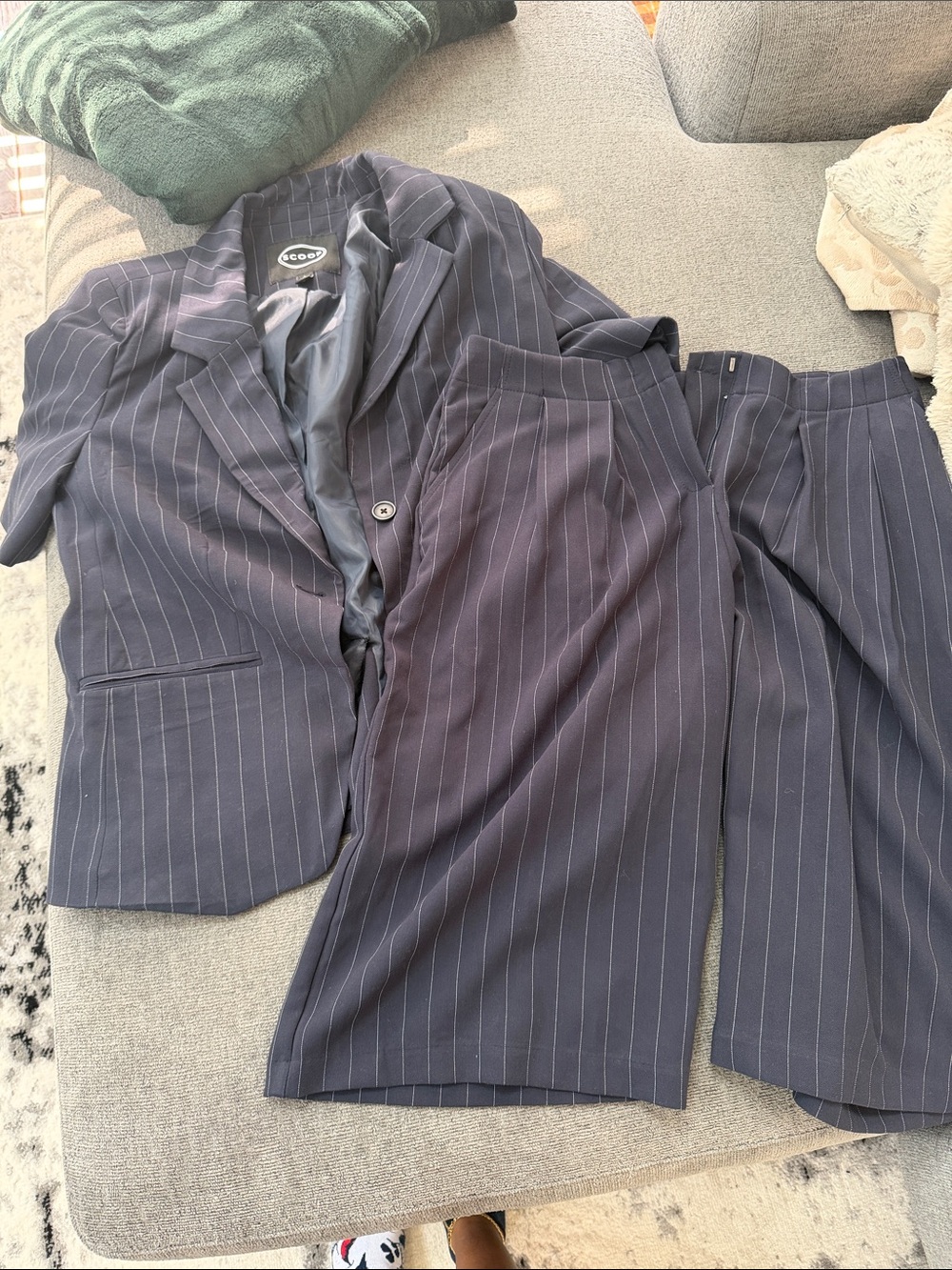 Classic Woman’s Navy Pinstripe Blazer and Capri Trousers Suit